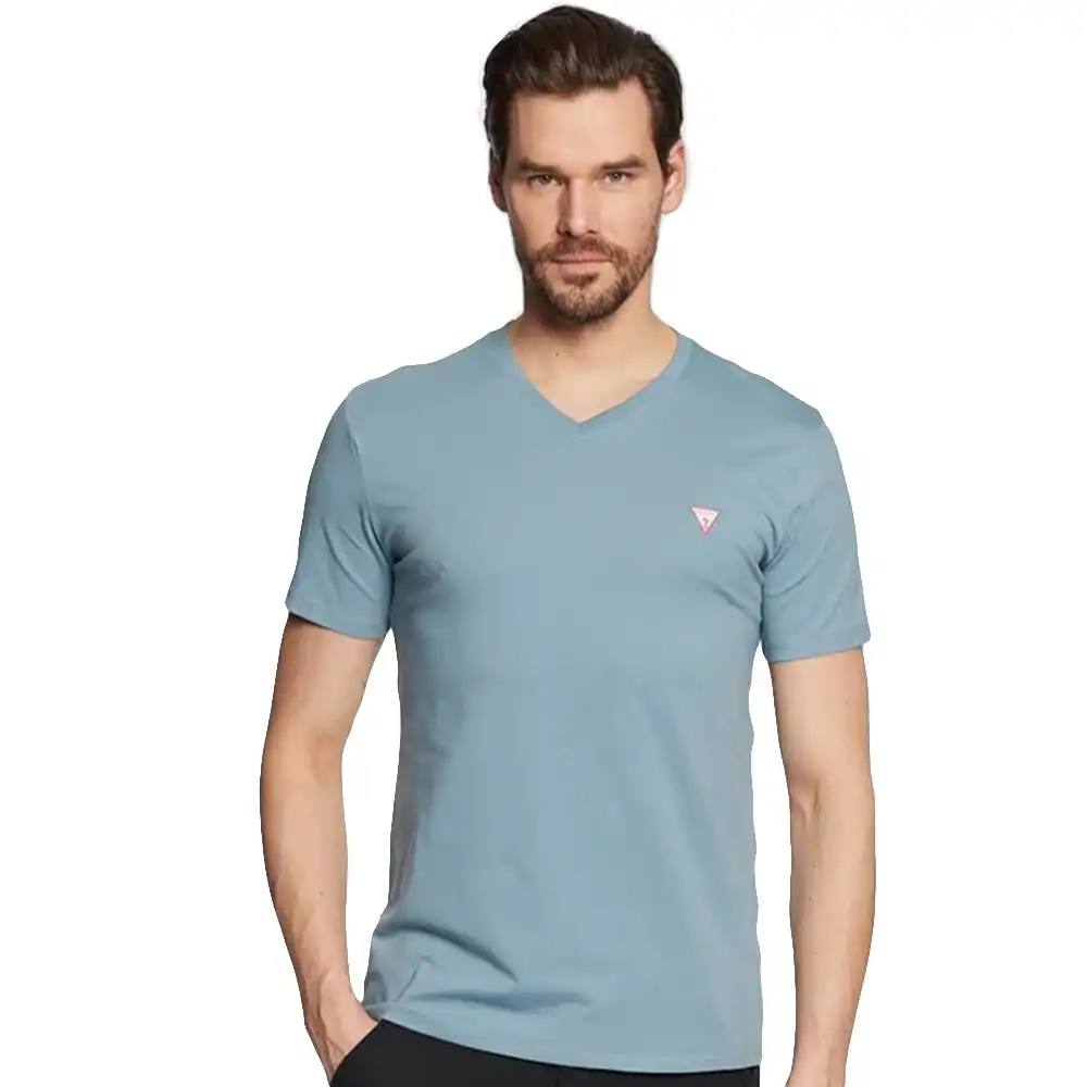 T shirt manche courte homme Guess Col V classic logo triangle Bleu - ZESHOES