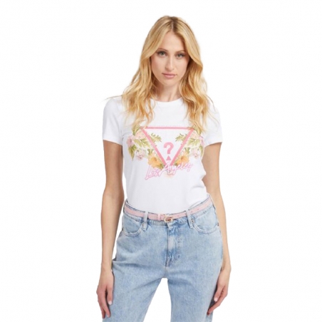 Tee shirt manche courte femme Guess Blanc Logo triangle flowers