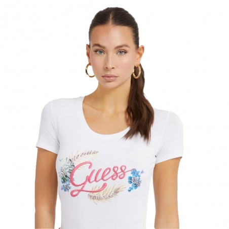 Tee shirt manche courte femme Guess Blanc broderie logo frontale