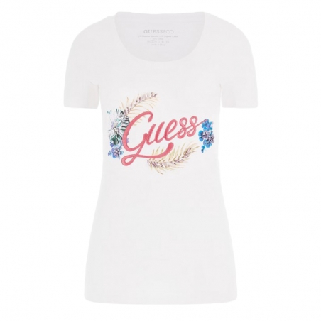 Tee shirt manche courte femme Guess Blanc broderie logo frontale