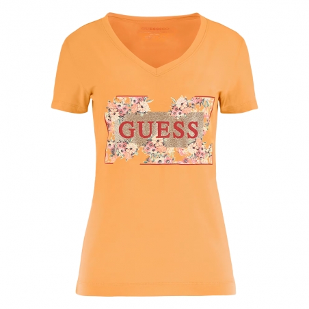 Tee shirt manche courte femme Guess Orange Fleurs