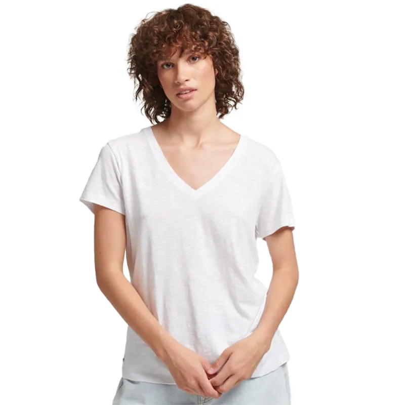 Tee shirt manche courte femme Superdry Logo brodé col v Blanc - ZESHOES