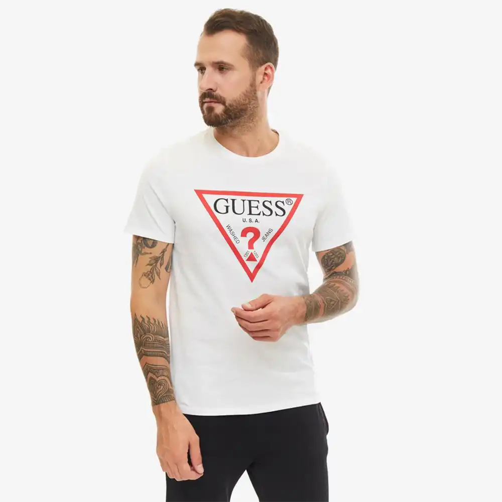 T shirt manche courte homme Guess triangle logo Blanc - ZESHOES