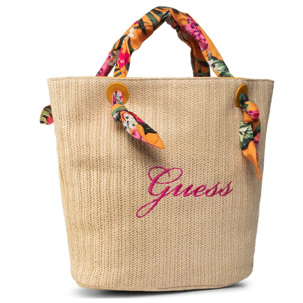 sac de plage beige et fleurs