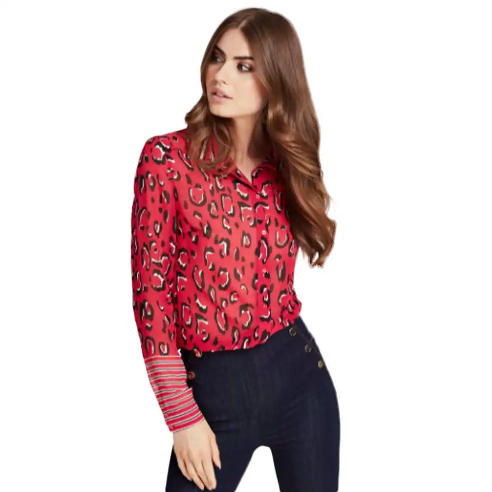 Chemise manche longue femme Guess stripe collar Rouge - ZESHOES