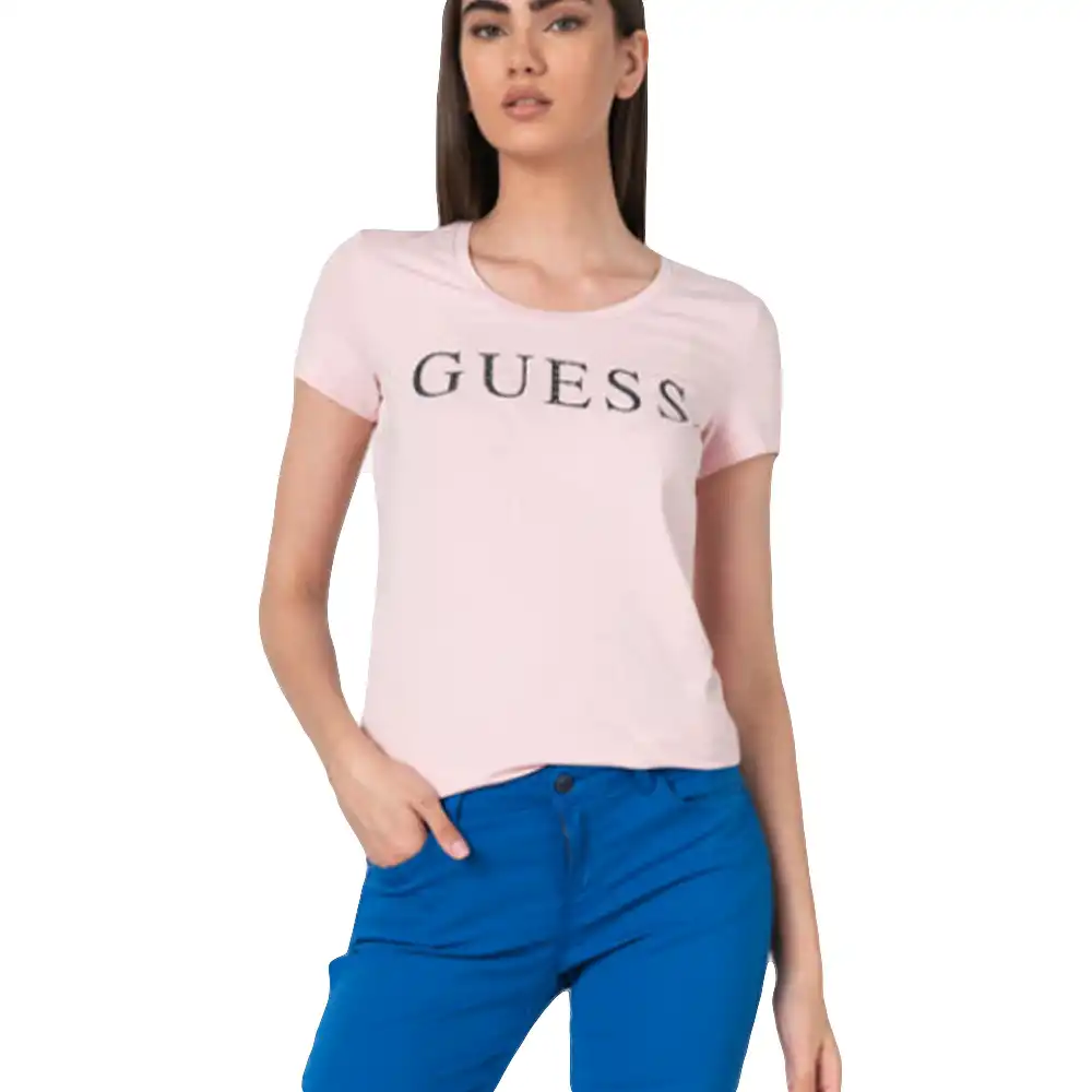 Tee shirt manche courte femme Guess Classic logo Rose - ZESHOES