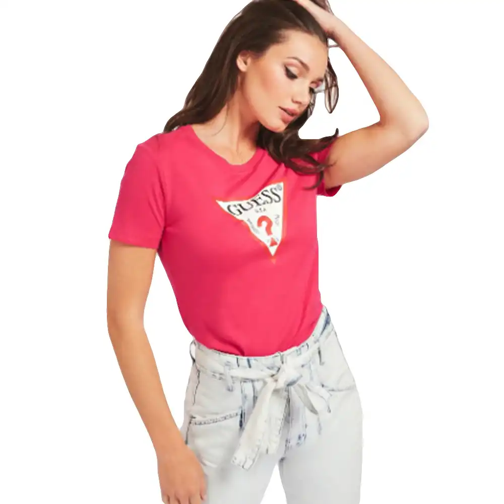 Tee shirt manche courte femme Guess Logo triangle fuschia Rose - ZESHOES