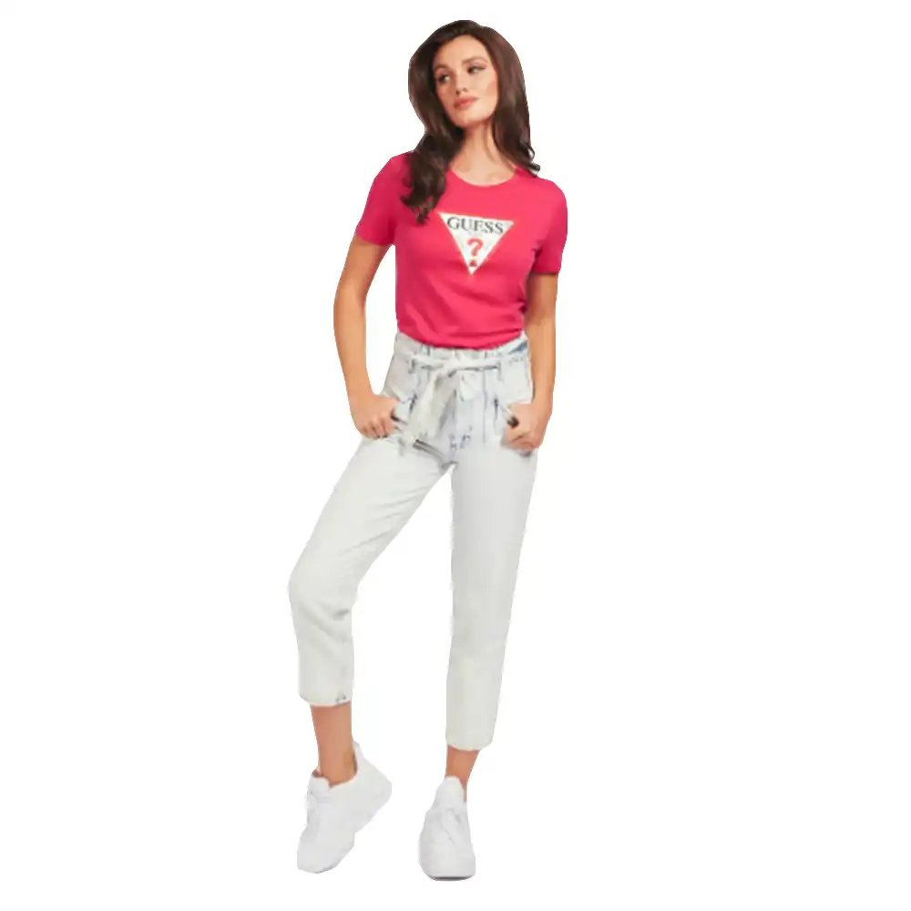 Tee shirt manche courte femme Guess Logo triangle fuschia Rose - ZESHOES