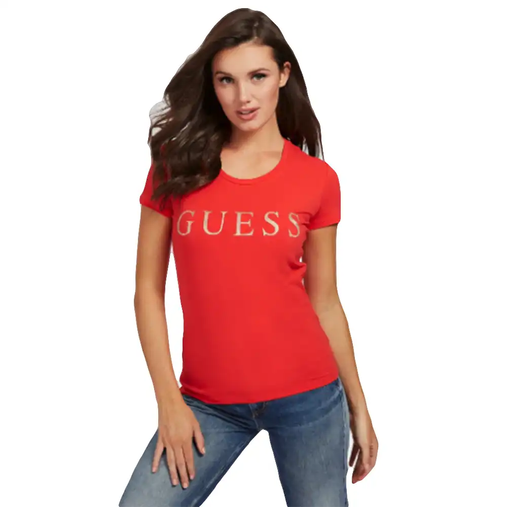 Tee shirt manche courte femme Guess Front logo gold Rouge - ZESHOES