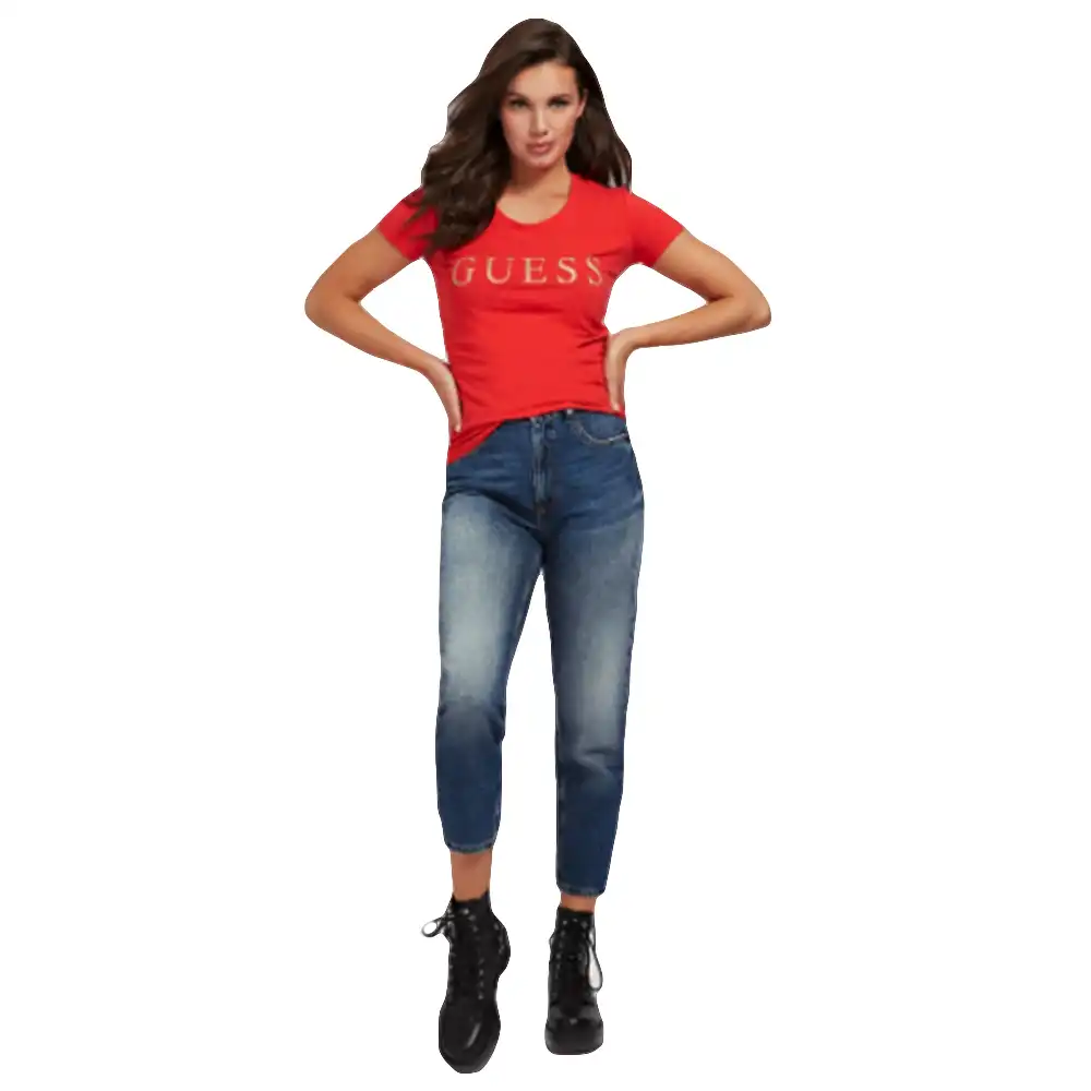 Tee shirt manche courte femme Guess Front logo gold Rouge - ZESHOES