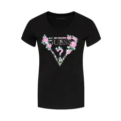 Tee shirt manche courte femme Guess Logo triangle flowers Noir - ZESHOES