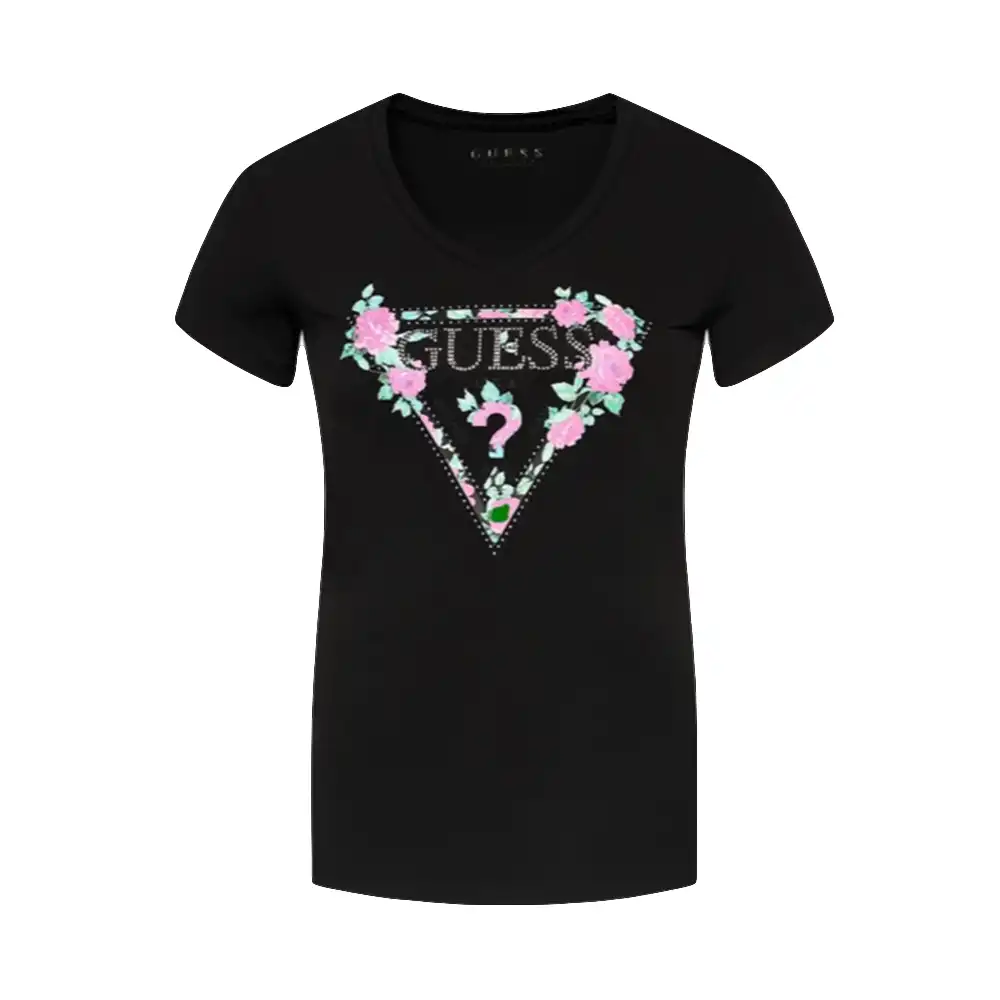 Tee shirt manche courte femme Guess Logo triangle flowers Noir - ZESHOES