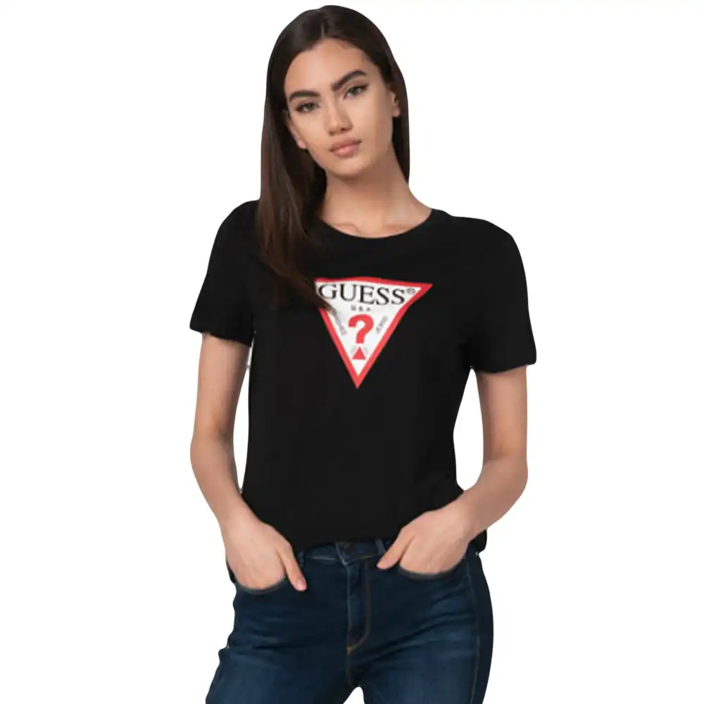 Tee shirt manche courte femme Guess Triangle logo Noir - ZESHOES