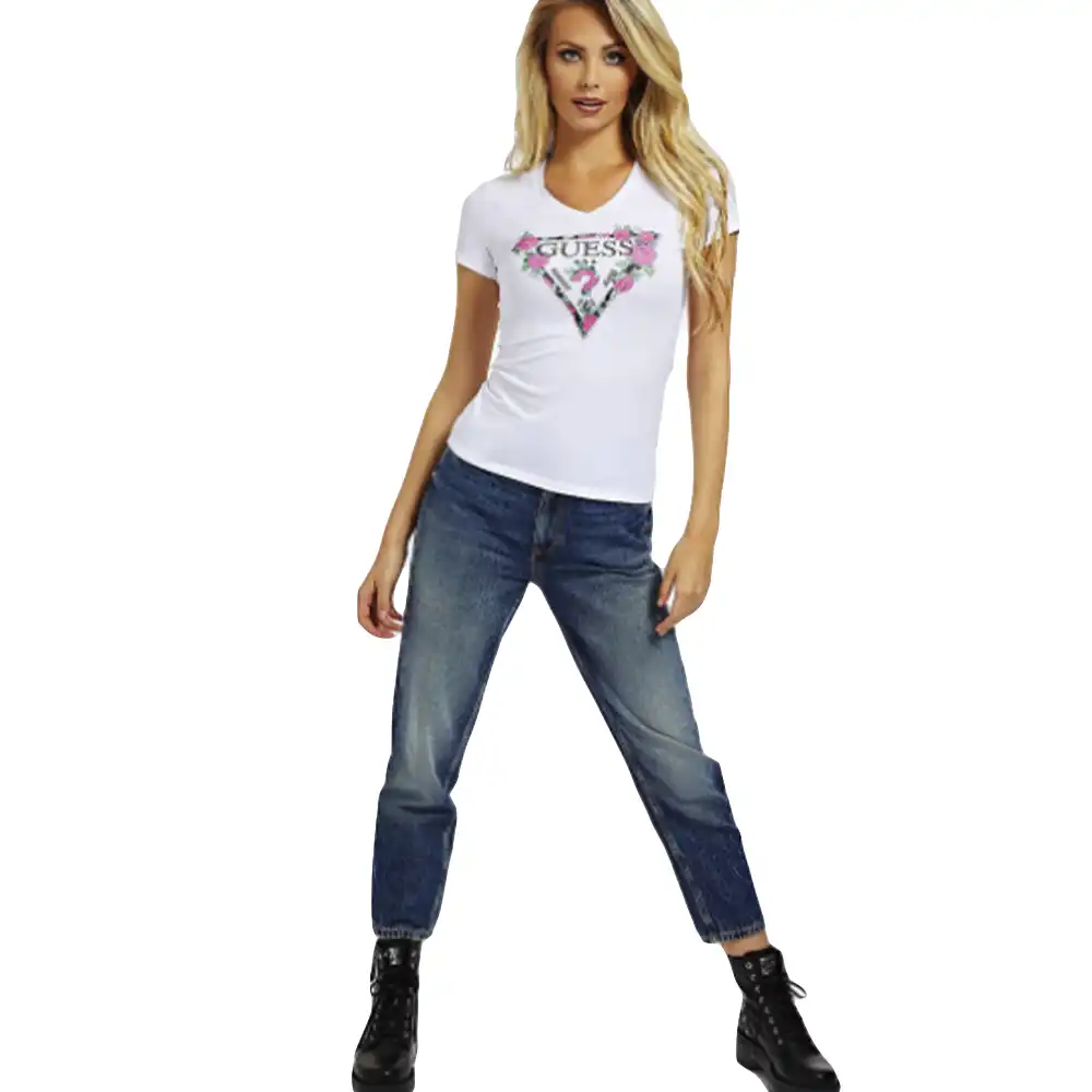 Tee shirt manche courte femme Guess Flower logo Blanc - ZESHOES