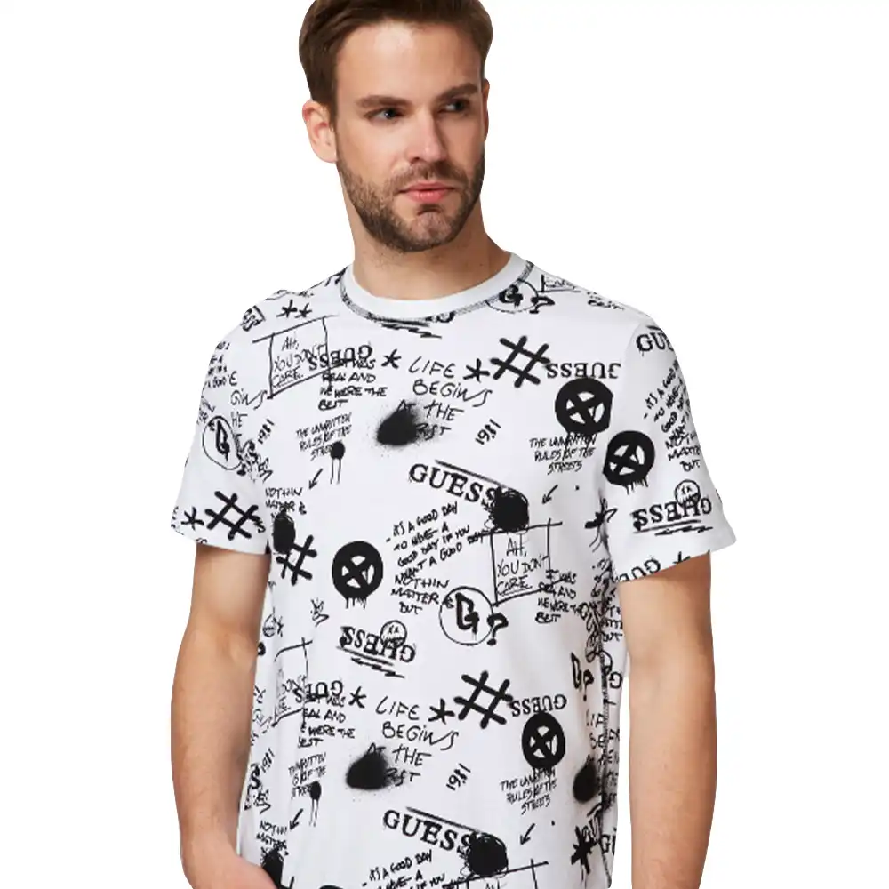 T shirt manche courte homme Guess street logo Blanc - ZESHOES