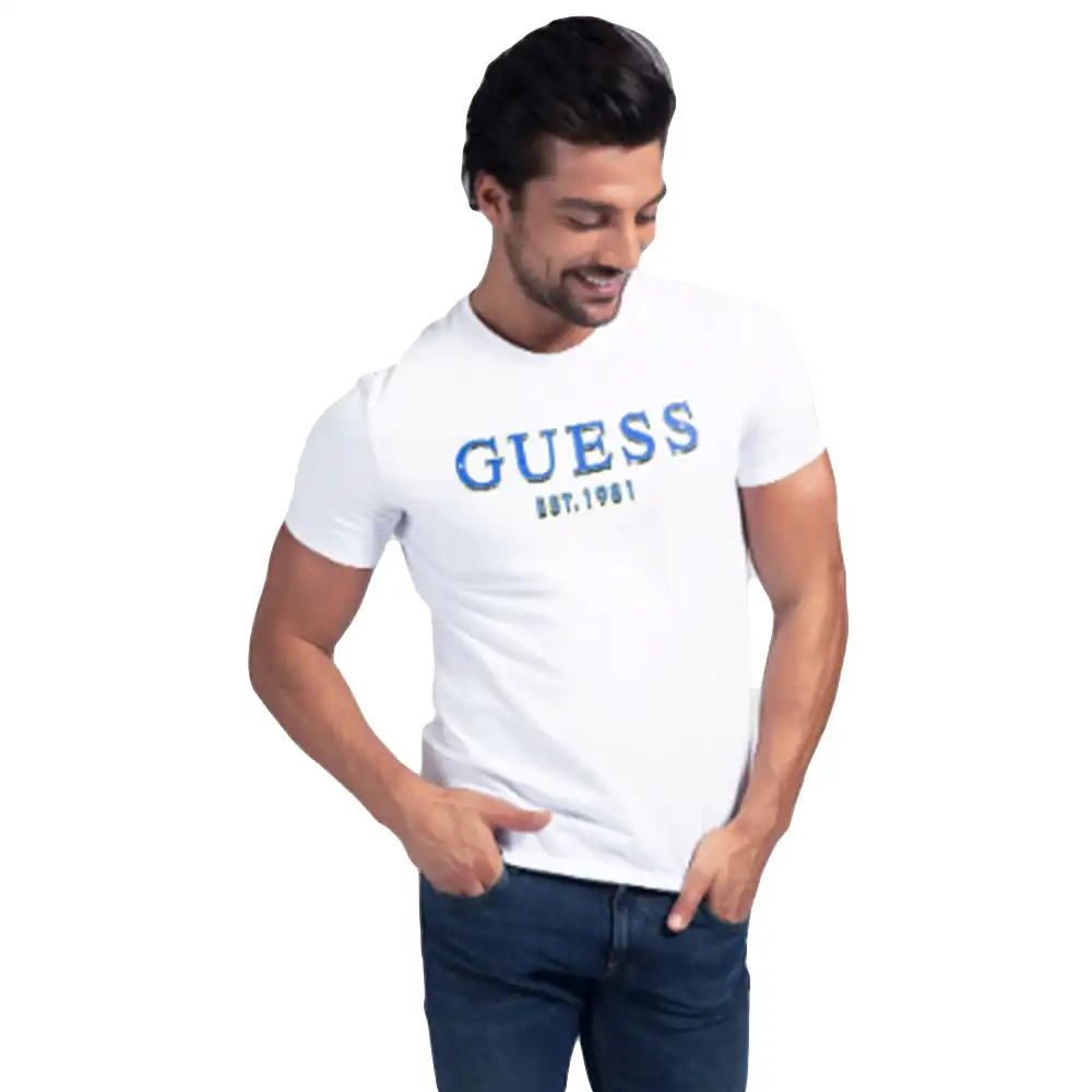 T shirt manche courte homme Guess Est logo Blanc - ZESHOES