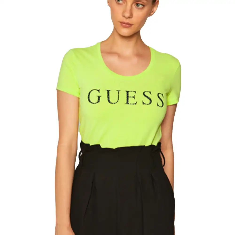 Tee shirt manche courte femme Guess Slim logo Jaune - ZESHOES