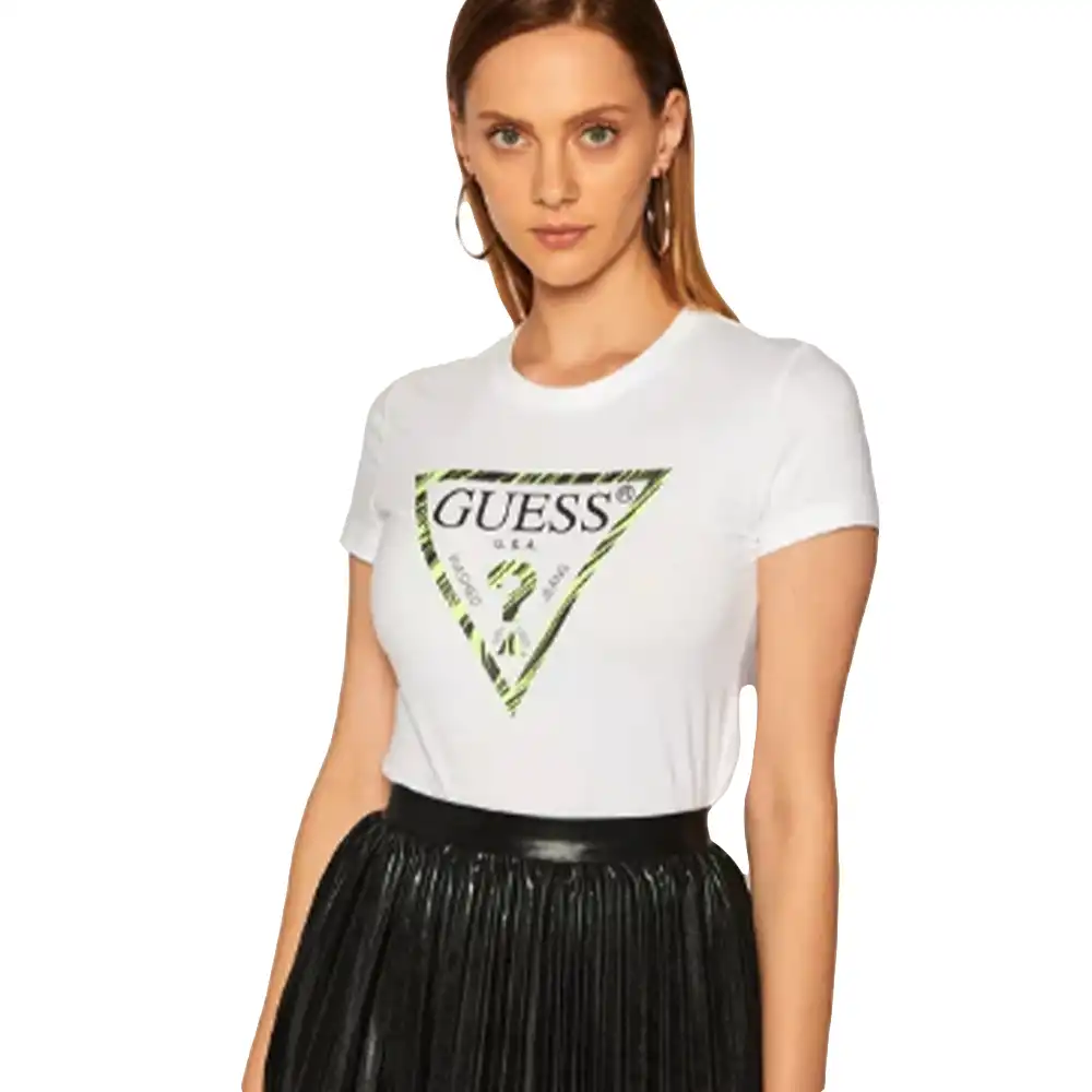 Tee shirt manche courte femme Guess Triangle logo Blanc - ZESHOES