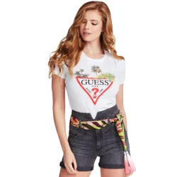 Tee shirt manche courte femme Guess Logo triangle Blanc - ZESHOES Tee shirt manche courte femme Guess Logo triangle Blanc - ZESHOES