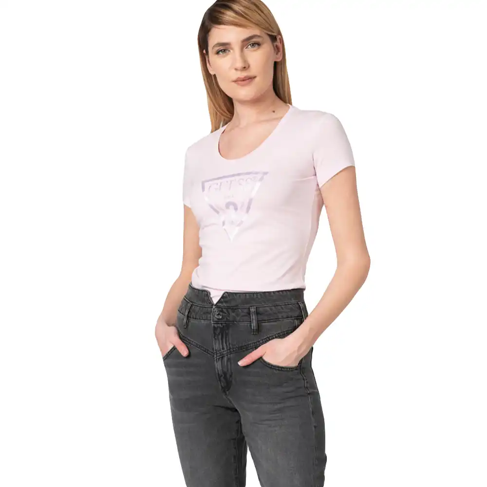 Tee shirt manche courte femme Guess Logo triangle Rose - ZESHOES