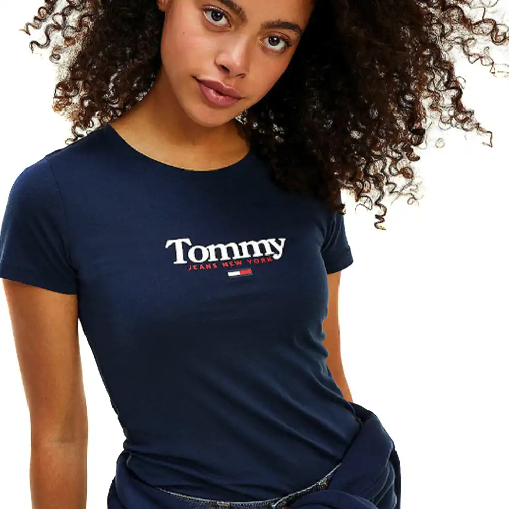 Tee shirt manche longue femme Tommy Jeans Essential logo Bleu - ZESHOES