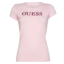 Tee shirt manche courte femme Guess Front logo Rose - ZESHOES