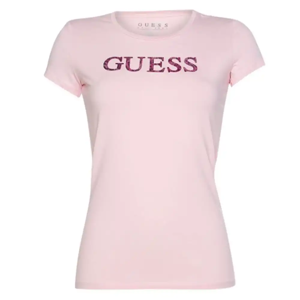Tee shirt manche courte femme Guess Front logo Rose - ZESHOES