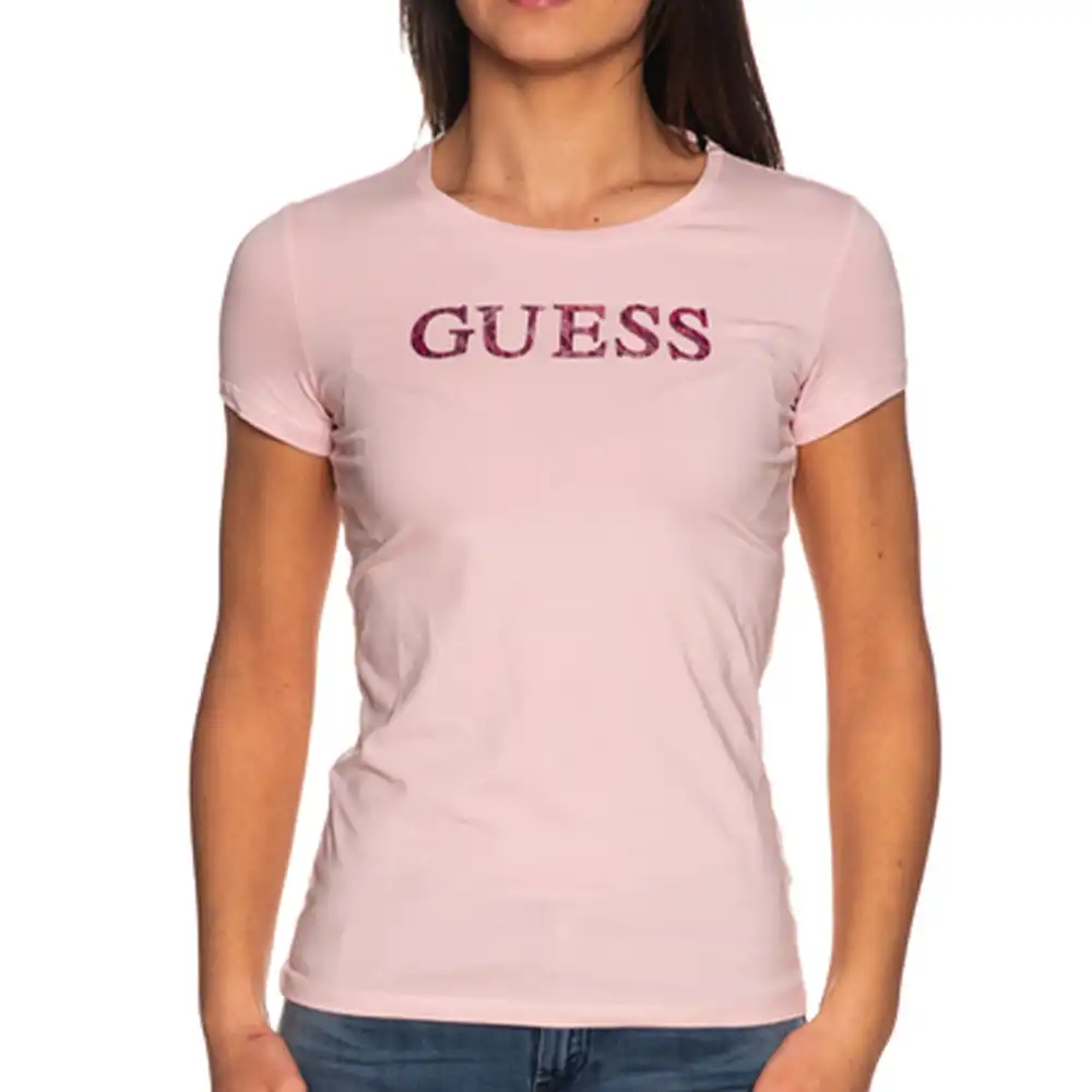 Tee shirt manche courte femme Guess Front logo Rose - ZESHOES