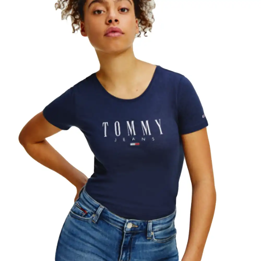 Tee shirt manche courte femme Tommy Jeans Essential skinny logo Bleu - ZESHOES