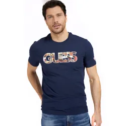 T shirt manche courte homme Guess Logo frontal Bleu - ZESHOES