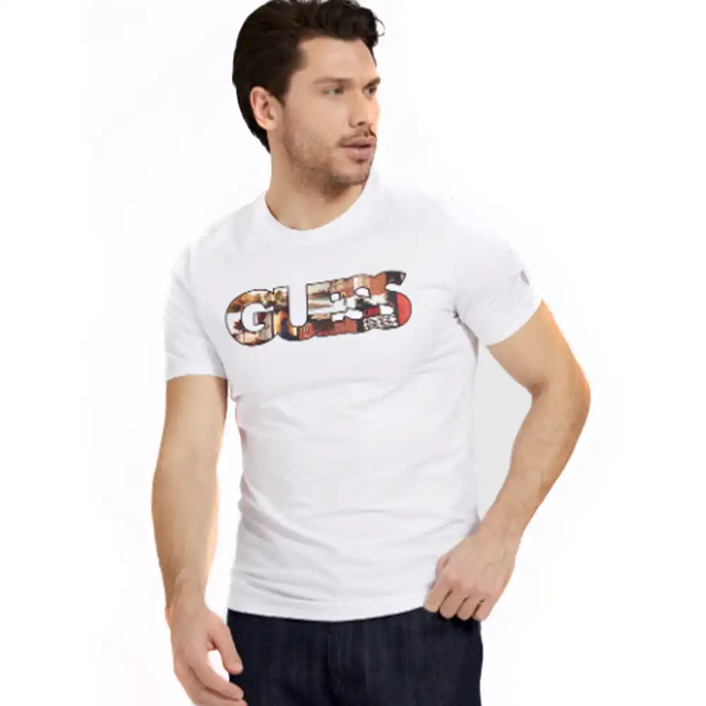 T shirt manche courte homme Guess Logo frontal Blanc - ZESHOES