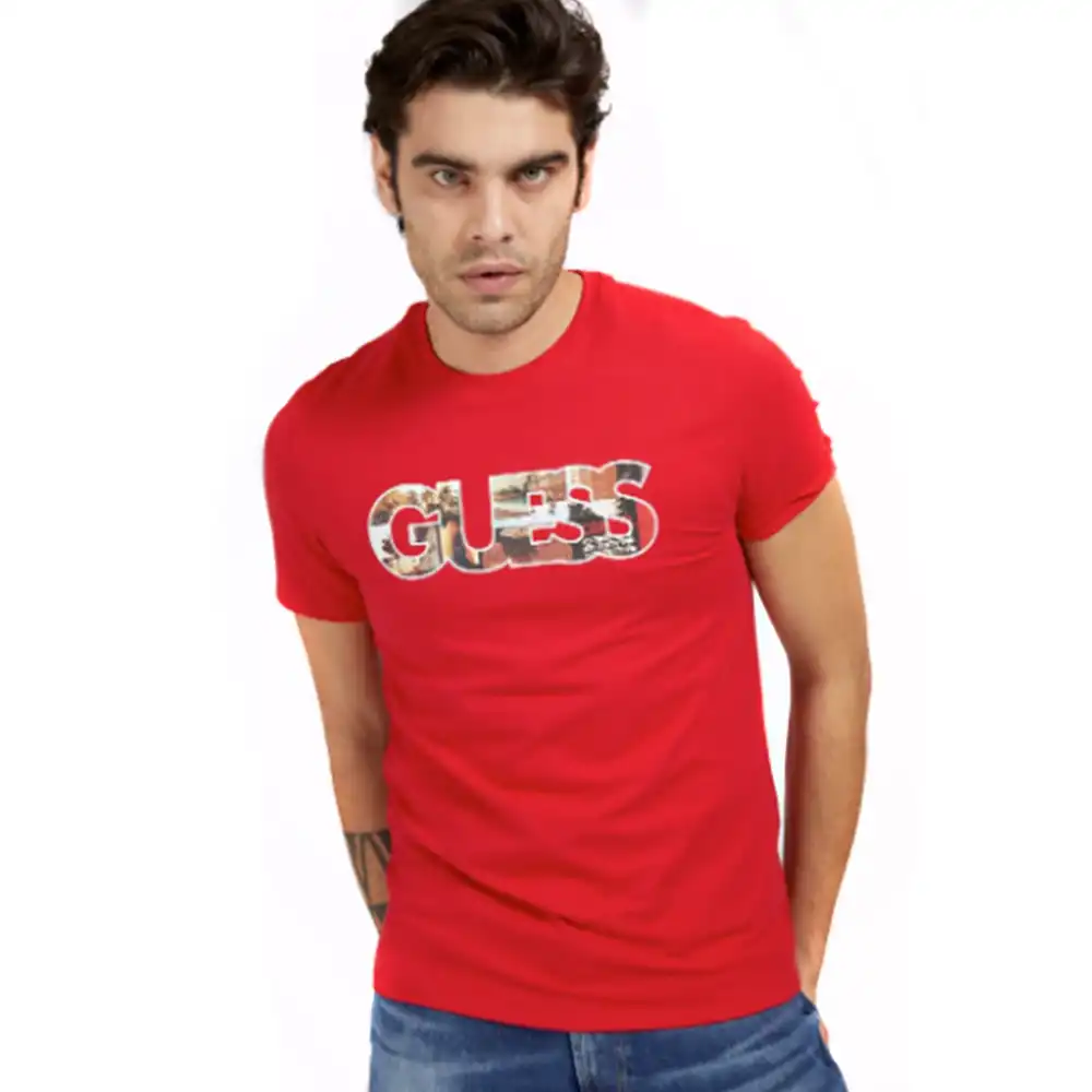 T shirt manche courte homme Guess Logo frontal Rouge - ZESHOES