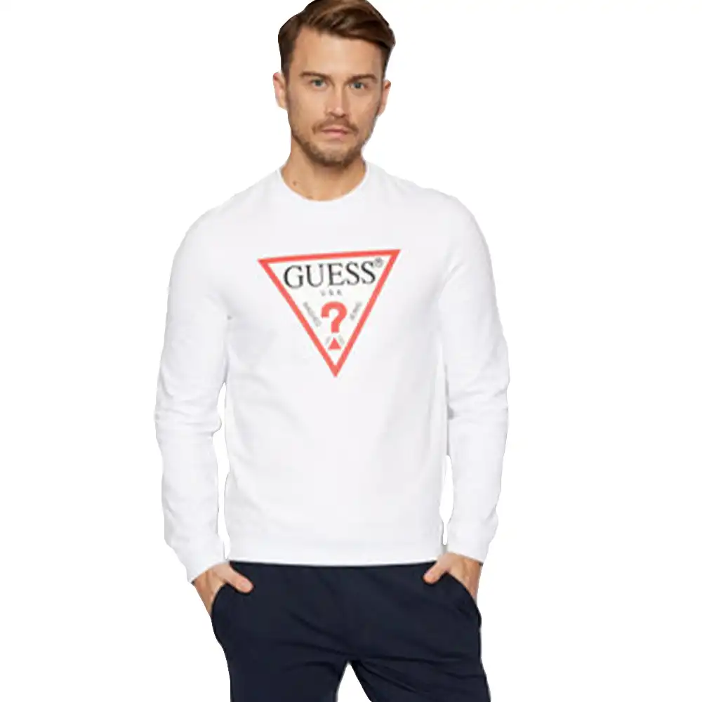 Sweat shirt homme Guess Front logo triangle Blanc - ZESHOES