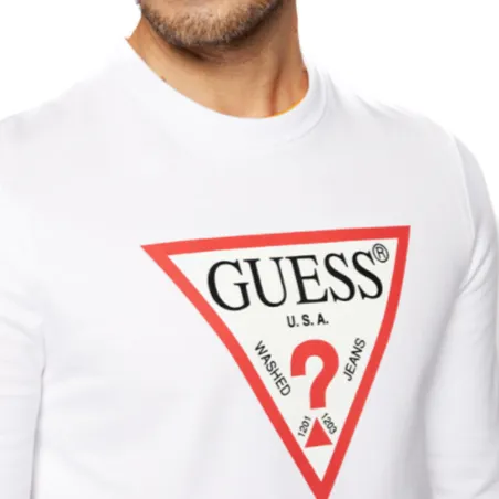 Sweat shirt homme Guess Blanc Front logo triangle