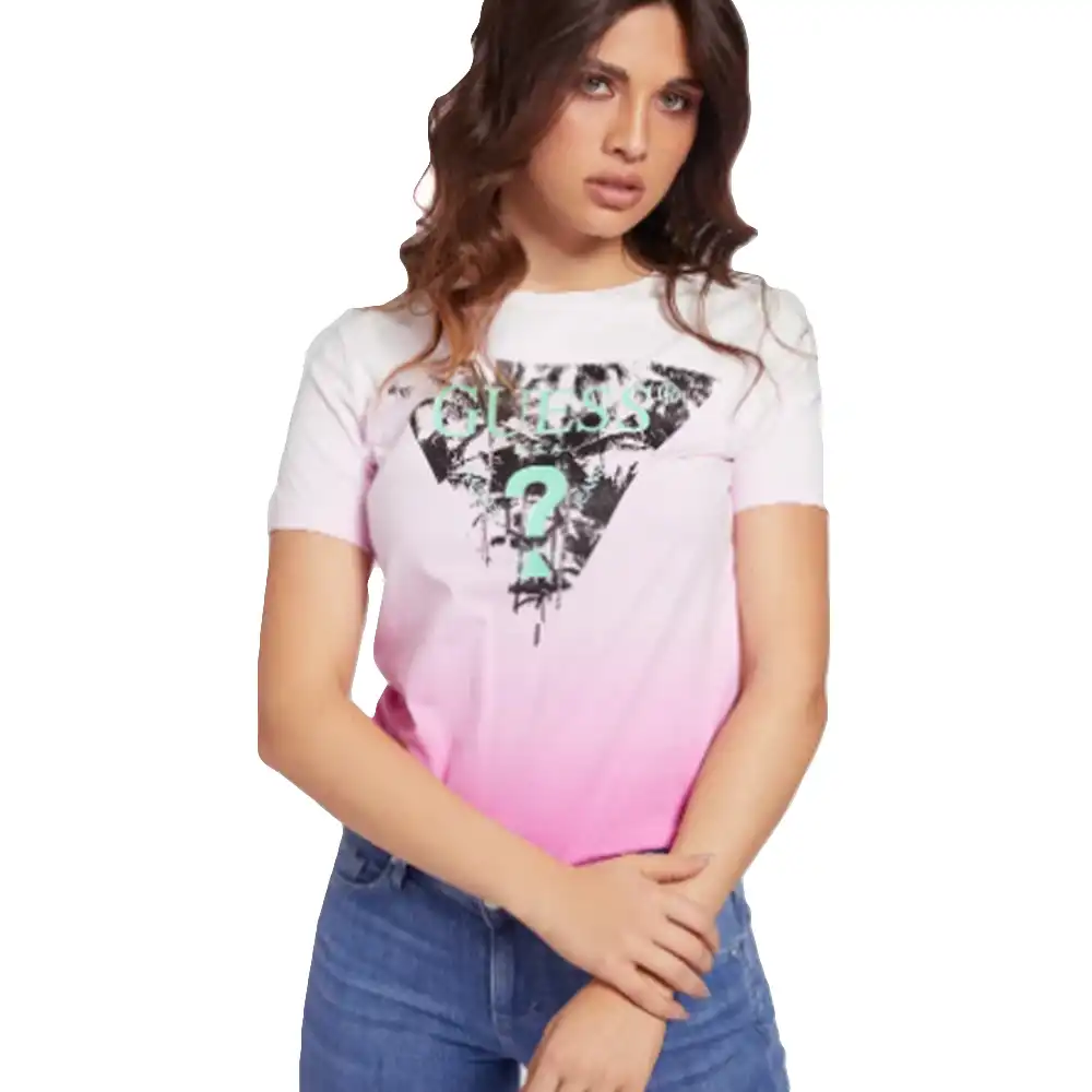 Tee shirt manche courte femme Guess Triangle logo Rose - ZESHOES