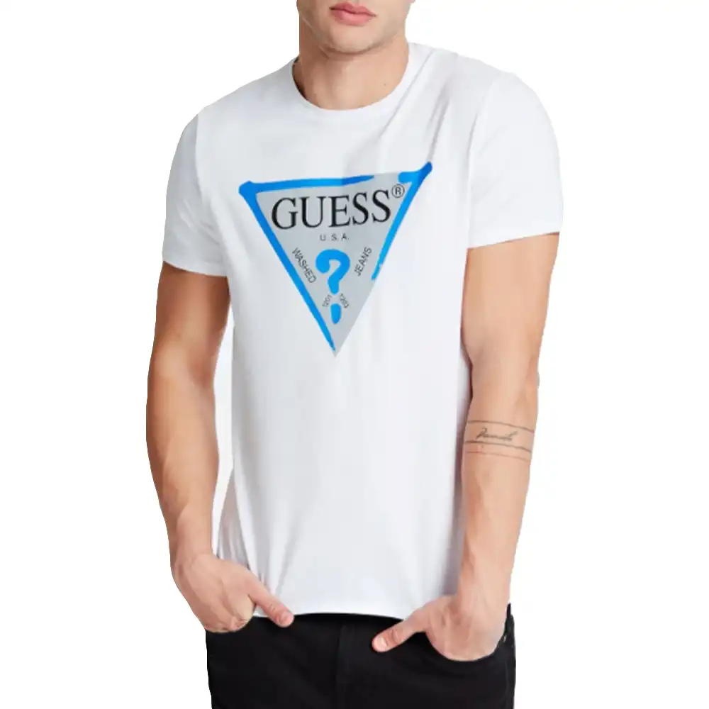 T shirt manche courte homme Guess Logo triangle Blanc - ZESHOES