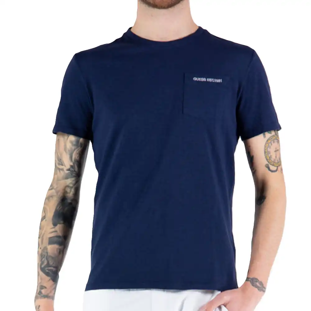 T shirt manche courte homme Guess Pochette torse Bleu - ZESHOES