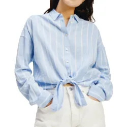 Chemise manche longue femme Tommy Jeans Relaxed front knot Bleu - ZESHOES Chemise manche longue femme Tommy Jeans Relaxed front knot Bleu - ZESHOES