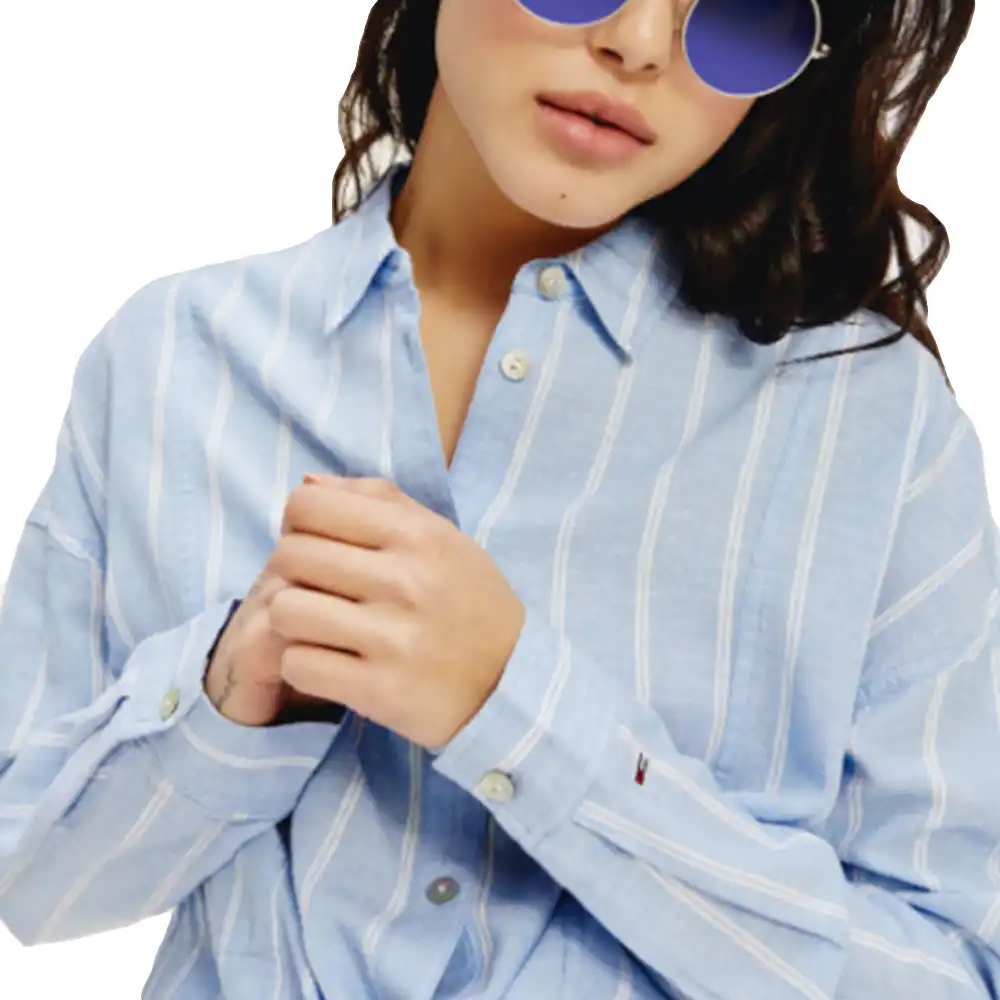 Chemise manche longue femme Tommy Jeans Relaxed front knot Bleu - ZESHOES Chemise manche longue femme Tommy Jeans Relaxed front knot Bleu - ZESHOES