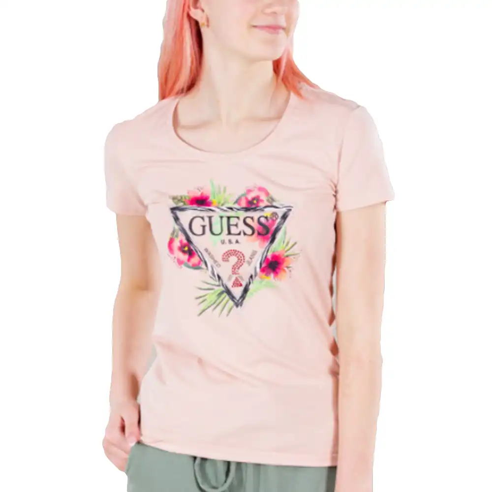 Tee shirt manche courte femme Guess Style flowers Rose - ZESHOES