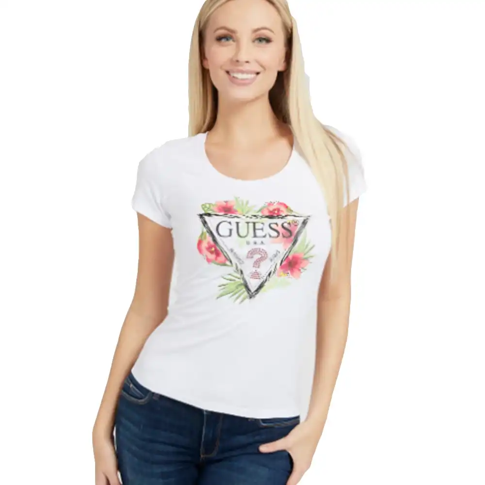 Tee shirt manche courte femme Guess Logo flowers Blanc - ZESHOES