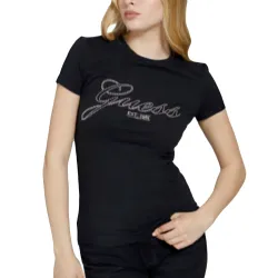 Tee shirt manche courte femme Guess Logo strass Noir - ZESHOES