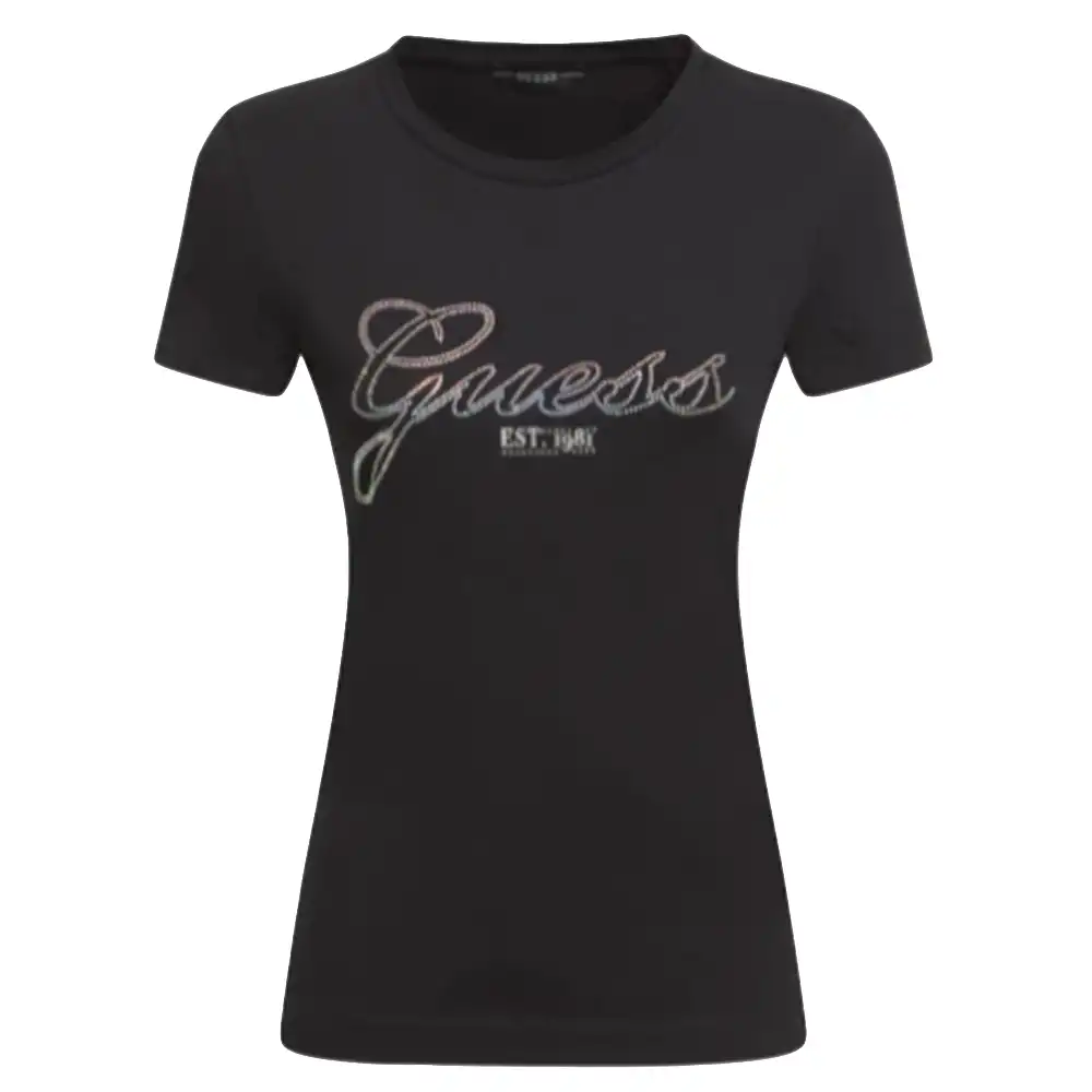 Tee shirt manche courte femme Guess Logo strass Noir - ZESHOES