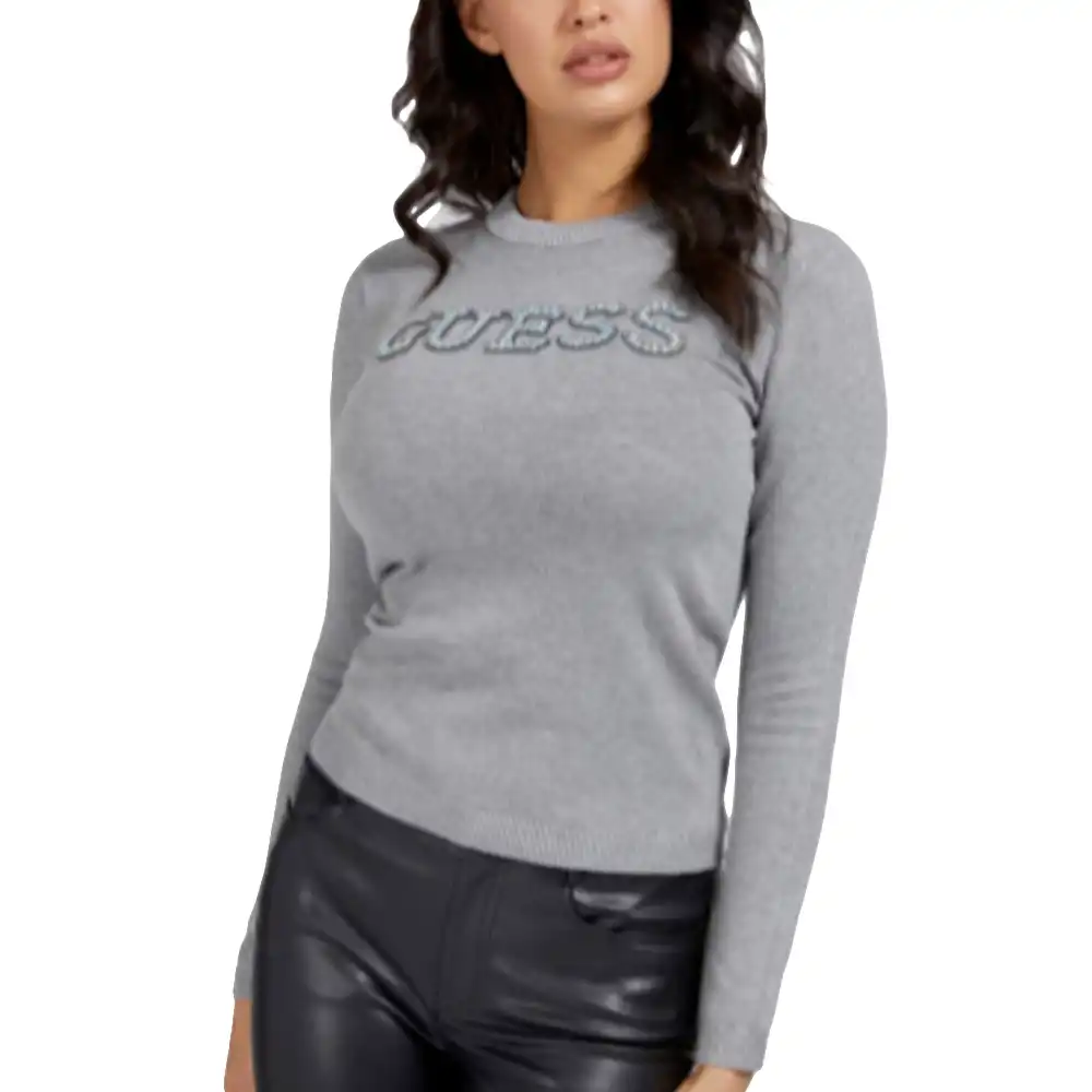 Pull femme Guess Logo strass Gris - ZESHOES