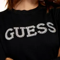 Pull femme Guess Logo strass Noir - ZESHOES