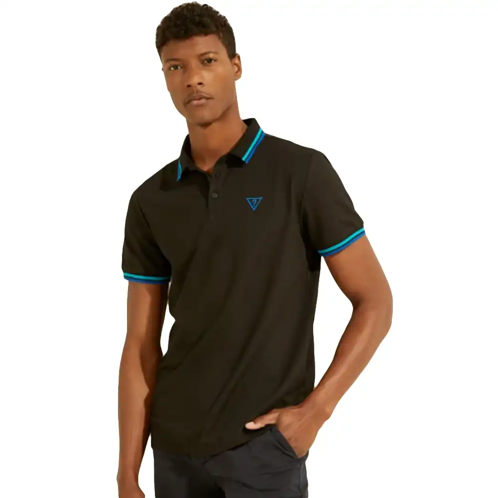 Polo manche courte Guess Classic logo triangle Noir - ZESHOES Polo manche courte Guess Classic logo triangle Noir - ZESHOES