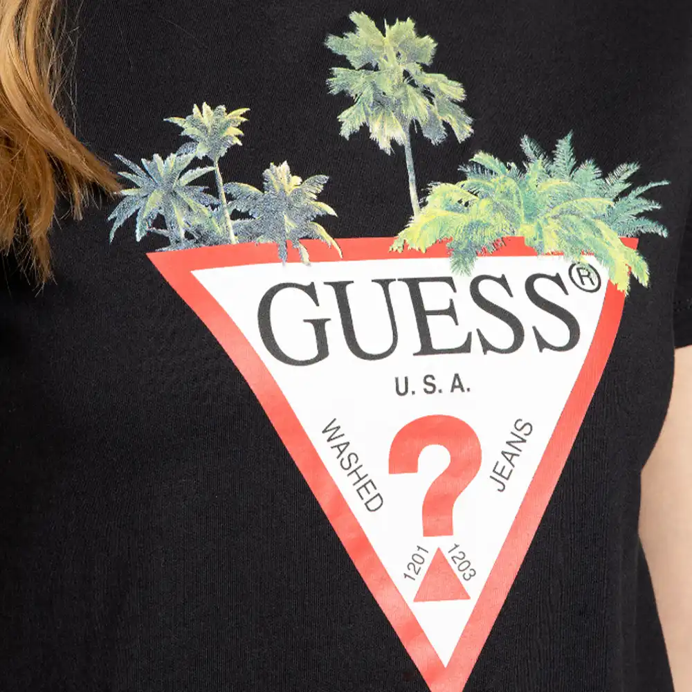 Tee shirt manche courte femme Guess Original logo triangle Noir - ZESHOES Tee shirt manche courte femme Guess Original logo triangle Noir - ZESHOES