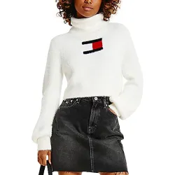 Pull femme Tommy Jeans Furry flag roll Blanc - ZESHOES Pull femme Tommy Jeans Furry flag roll Blanc - ZESHOES