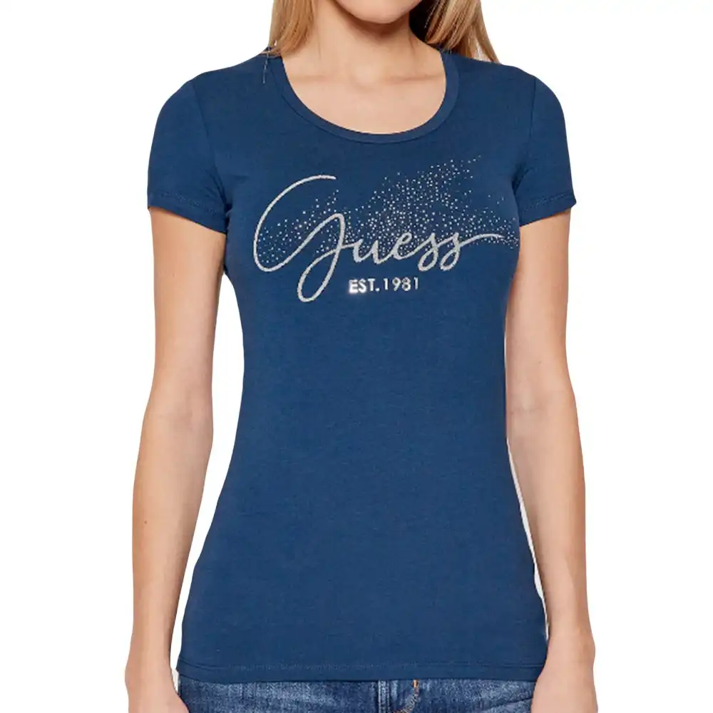 Tee shirt manche courte femme Guess EST. 1981 Bleu - ZESHOES