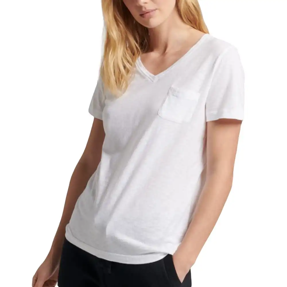 Tee shirt manche courte femme Superdry Col v et poche studio Blanc - ZESHOES